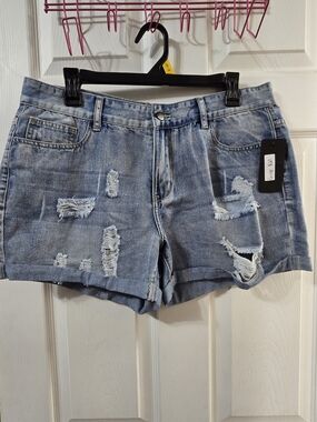 Distressed Light Blue Denim Shorts - Women